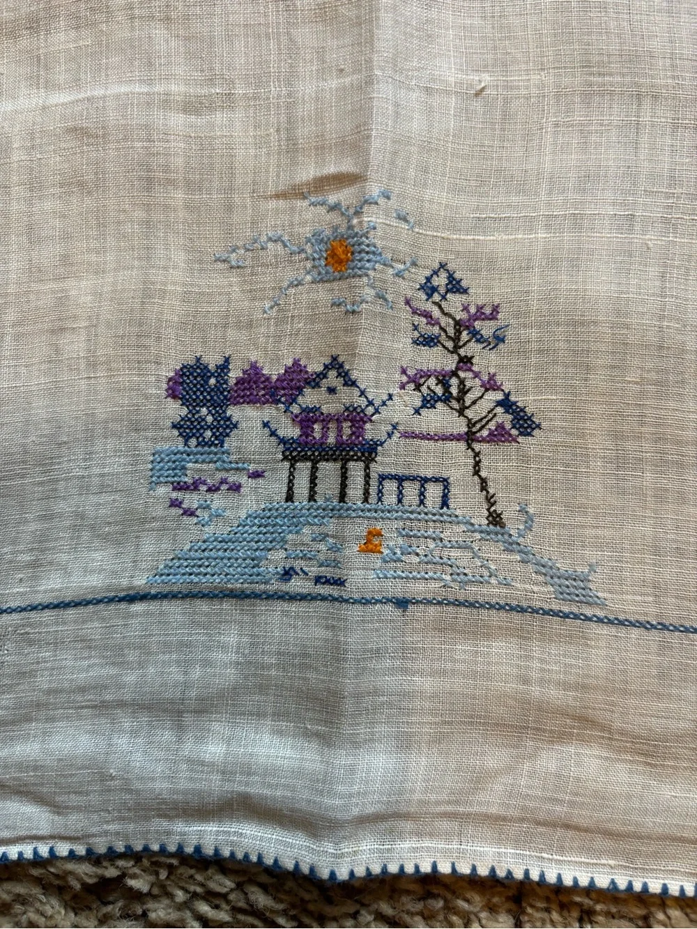 Embroidered Linen Placemat - Cream with Purple Design